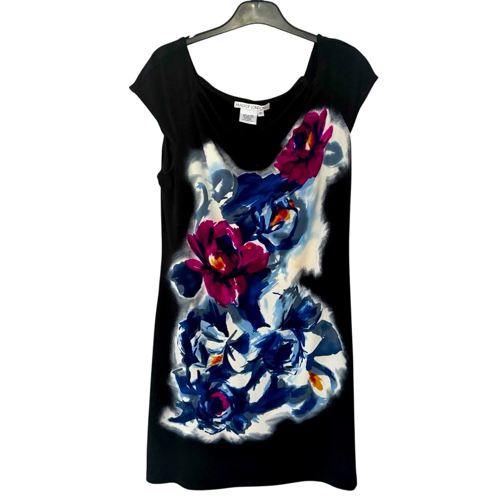 Maggie London cap sleeve sheath dress black floral Sz 12